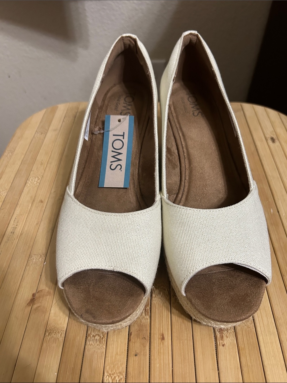 Toms Rania Natural Canvas Peep-Toe Wedge Espadrilles with Rope Platform
